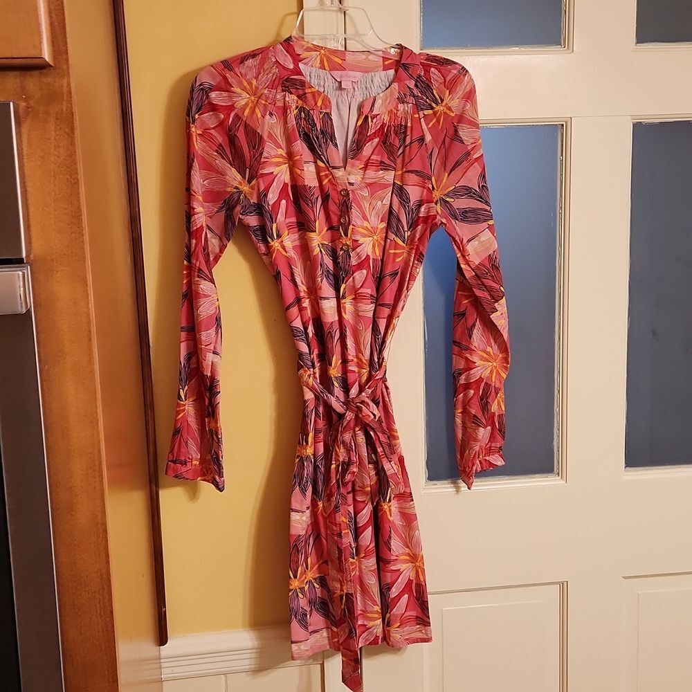 Lilly Pulitzer Pink Floral Cotton Shirt Dress w/ Buttons & Sash Size 4